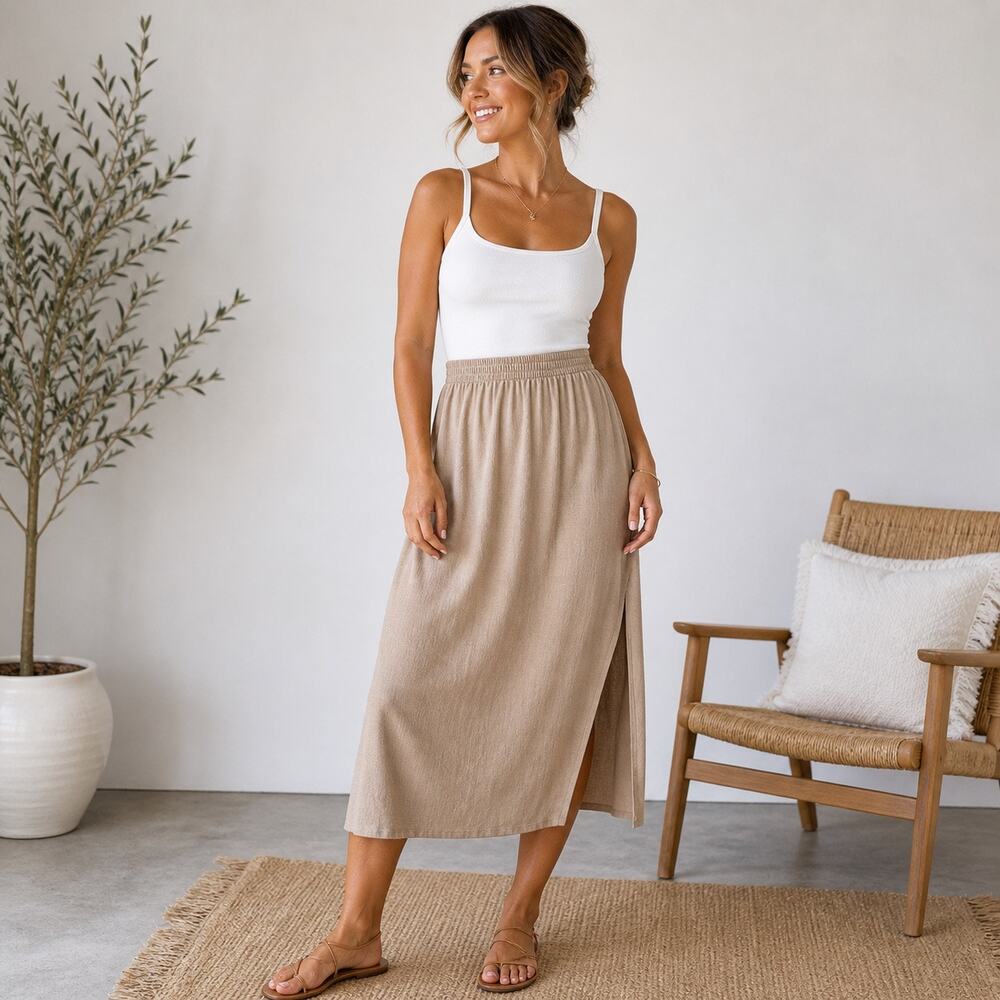 JH Collectibles Cream Elastic Waist Midi Skirt Sz L